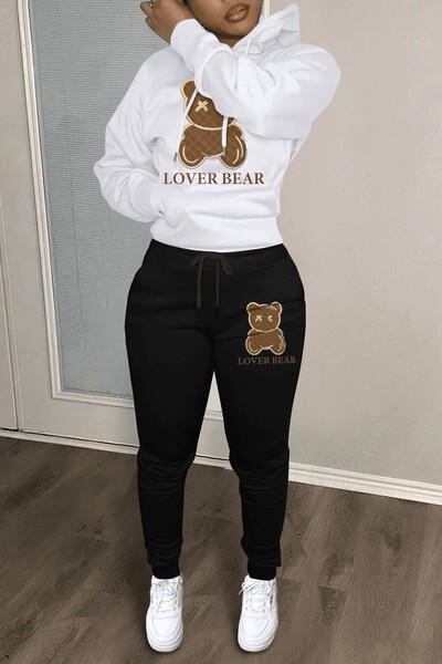 2024 Ținute 2 piese cu imprimeu cu litere pentru femei Ursuleț cu litere imprimeu Set trening cu buzunar cangur Hanorac cu mânecă lungă și pantaloni