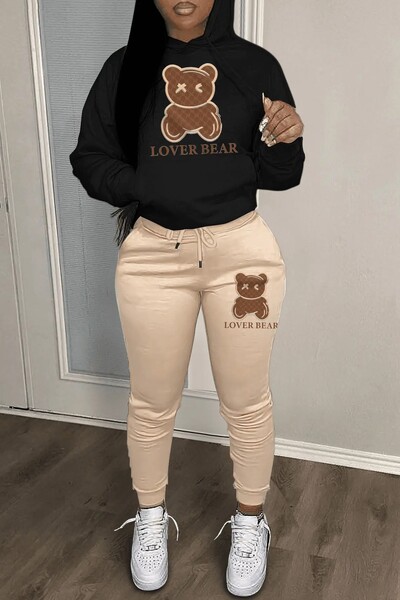 2024 Ținute 2 piese cu imprimeu cu litere pentru femei Ursuleț cu litere imprimeu Set trening cu buzunar cangur Hanorac cu mânecă lungă și pantaloni