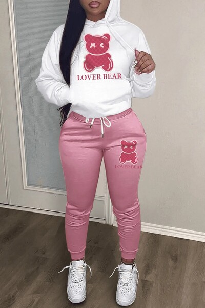 2024 Ținute 2 piese cu imprimeu cu litere pentru femei Ursuleț cu litere imprimeu Set trening cu buzunar cangur Hanorac cu mânecă lungă și pantaloni