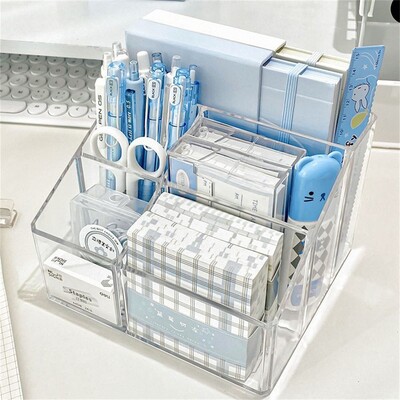 Διάφανη θήκη για στυλό γραφείου Πολυλειτουργική οργάνωση γραφικής ύλης μεγάλης χωρητικότητας Ακρυλικό κουτί αποθήκευσης μολυβιών 5 πλέγματος οικιακού γραφείου