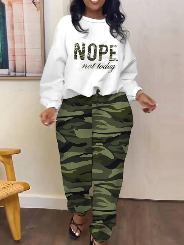 Komplekti Tērpu komplekti 2023. gada rudens ģeometrijas druka Ikdienišķa augšdaļa un kabatas dizaina bikses Divu modes priekšmetu komplekts Sieviešu treniņtērpi