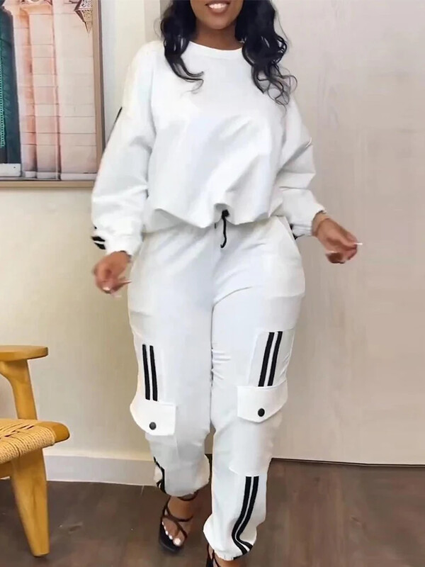 Komplekti Tērpu komplekti 2023. gada rudens ģeometrijas druka Ikdienišķa augšdaļa un kabatas dizaina bikses Divu modes priekšmetu komplekts Sieviešu treniņtērpi