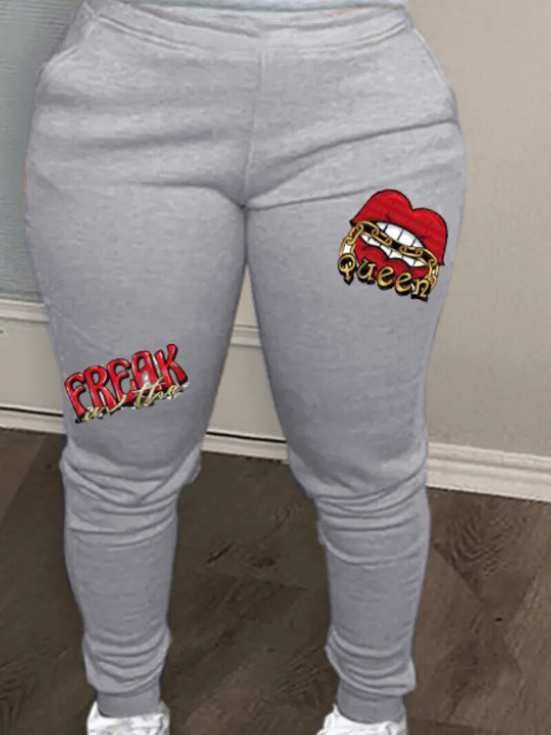 Dámske nohavice LW Plus Size s dlhým rukávom, vreckom a zipsom, ležérne, s okrúhlym výstrihom a potlačou karikatúr, s písmenami