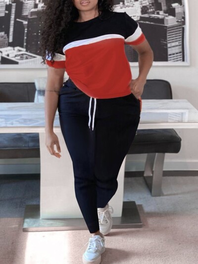 LW Set pantaloni cu șnur color bloc de mărime mare pentru femei, tricou casual cu mânecă scurtă și pantaloni de jogging cu buzunar, set în două piese pentru femei