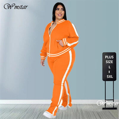 Plus Size L-5XL Σετ δύο τεμαχίων Γυναικεία Φούτερ Φούτερ με φερμουάρ με ριγέ επάνω σχισμή Jogger σετ ταιριάσματος σετ ταιριάσματος χονδρικής Dropshipping