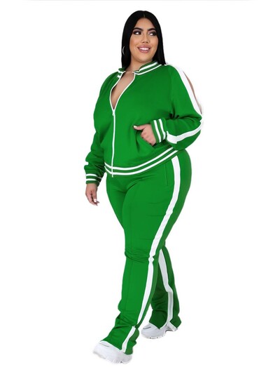 Plus Size L-5XL Σετ δύο τεμαχίων Γυναικεία Φούτερ Φούτερ με φερμουάρ με ριγέ επάνω σχισμή Jogger σετ ταιριάσματος σετ ταιριάσματος χονδρικής Dropshipping