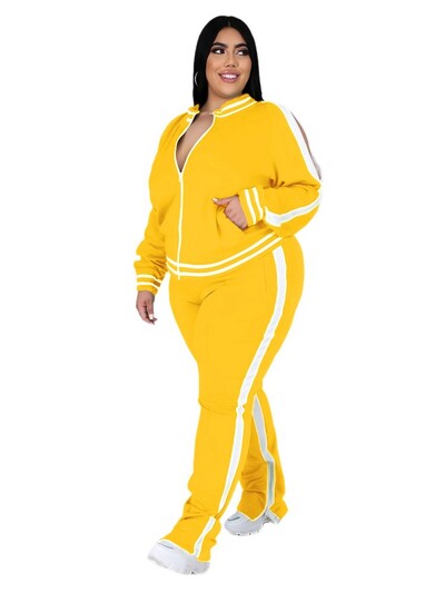 Plus Size L-5XL Σετ δύο τεμαχίων Γυναικεία Φούτερ Φούτερ με φερμουάρ με ριγέ επάνω σχισμή Jogger σετ ταιριάσματος σετ ταιριάσματος χονδρικής Dropshipping