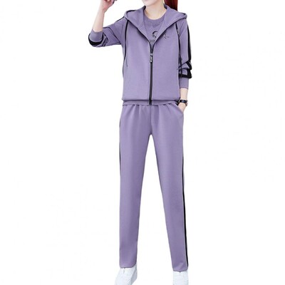 3 buc. Imbracaminte sport eleganta pentru femei Trening pentru femei, talie elastica, toamna, imprimeu cu litere, vesta de sus, pantaloni, trening cu fermoar rezistent la frig