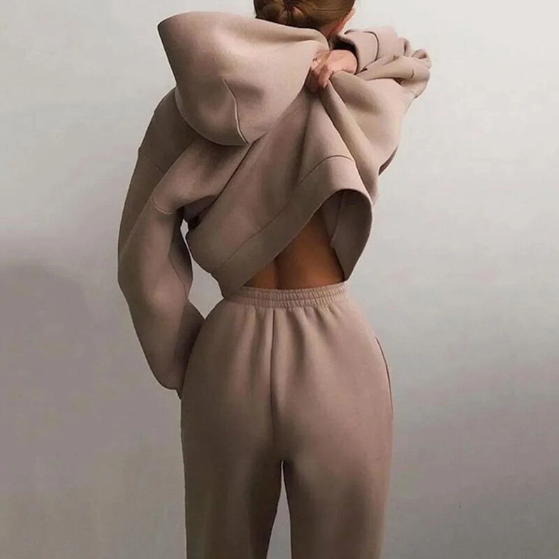 Stilingas 2 dalių moteriškas sportinis kostiumas rudens žiemos gobtuvai viršutiniai kelnaičių megztiniai džemperiai Bėgiojimas kelnių komplektai Vienspalviai