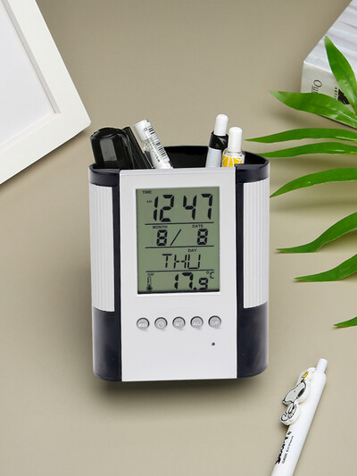 Perpetual Calendar tolltartó Csúszásgátló alap Dátum Idő Kijelzés Hőmérséklet érzékelés Asztali tárolás Dekoratív óra tolltartó