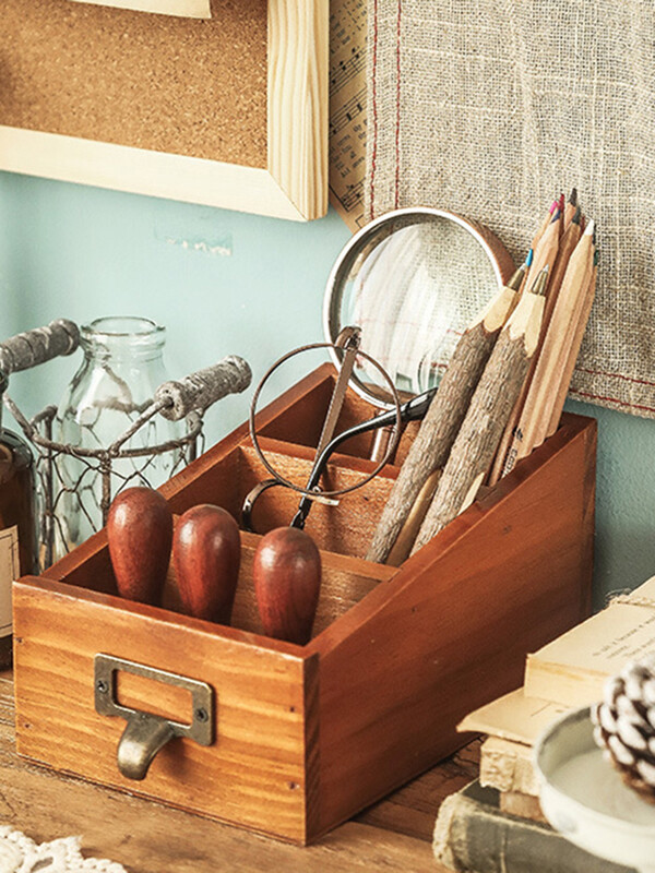 Vintage koka galddatora uzglabāšanas organizators Biroja mājas kancelejas piederumu rakstāmgalds kārtīgs tālvadības pults Caddy pildspalvas zīmuļu turētājs