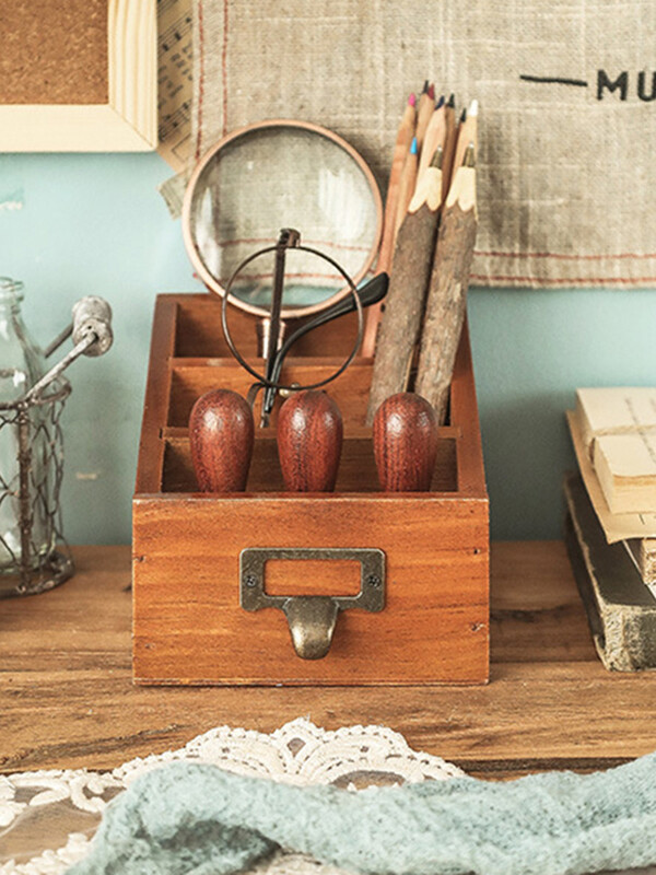 Vintage koka galddatora uzglabāšanas organizators Biroja mājas kancelejas piederumu rakstāmgalds kārtīgs tālvadības pults Caddy pildspalvas zīmuļu turētājs