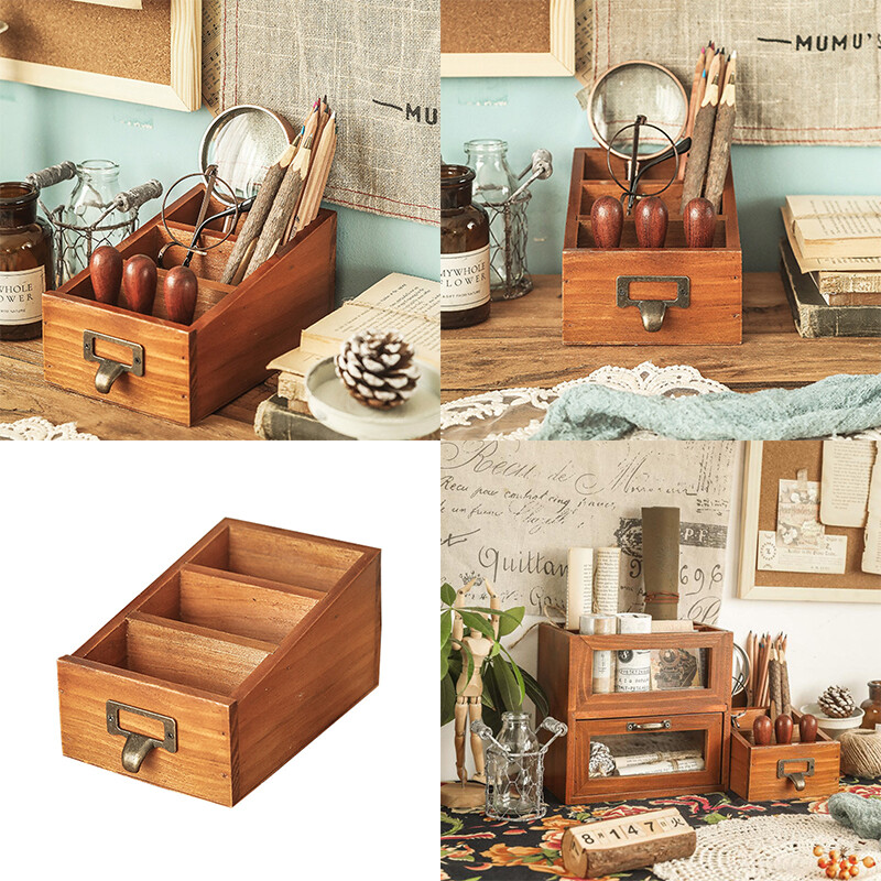 Vintage koka galddatora uzglabāšanas organizators Biroja mājas kancelejas piederumu rakstāmgalds kārtīgs tālvadības pults Caddy pildspalvas zīmuļu turētājs