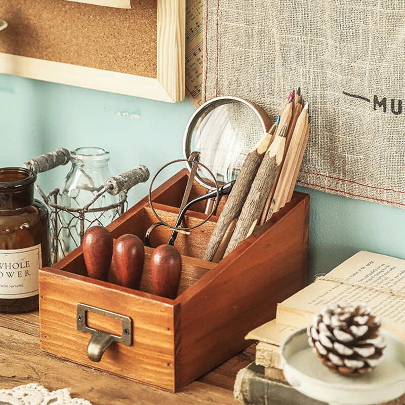 Vintage koka galddatora uzglabāšanas organizators Biroja mājas kancelejas piederumu rakstāmgalds kārtīgs tālvadības pults Caddy pildspalvas zīmuļu turētājs