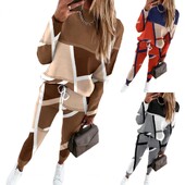 Costum pentru femei Colorblock Hanorac pentru femei Set de pantaloni eleganti cu gât rotund cu talie elastică Trening sport moale pentru toamna primăverii