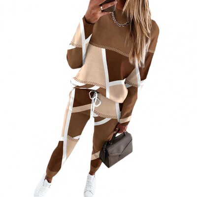 Costum pentru femei Colorblock Hanorac pentru femei Set de pantaloni eleganti cu gât rotund cu talie elastică Trening sport moale pentru toamna primăverii