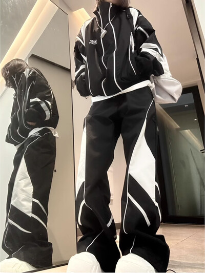 Set 2 piese Hip Hop stil retro american High Street costum sport pentru femei Jacheta de exterior Seturi de pantaloni de trening Set de jachete de trening