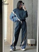 Oymimi ležérne modré patchworkové súpravy pre ženy, 2 kusy, blúzka s dlhým rukávom a šnúrkou, rovné tepláky, streetwear