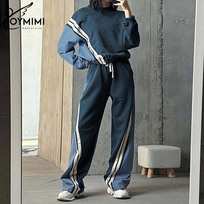 Oymimi ležérne modré patchworkové súpravy pre ženy, 2 kusy, blúzka s dlhým rukávom a šnúrkou, rovné tepláky, streetwear