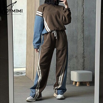 Oymimi ležérne modré patchworkové súpravy pre ženy, 2 kusy, blúzka s dlhým rukávom a šnúrkou, rovné tepláky, streetwear