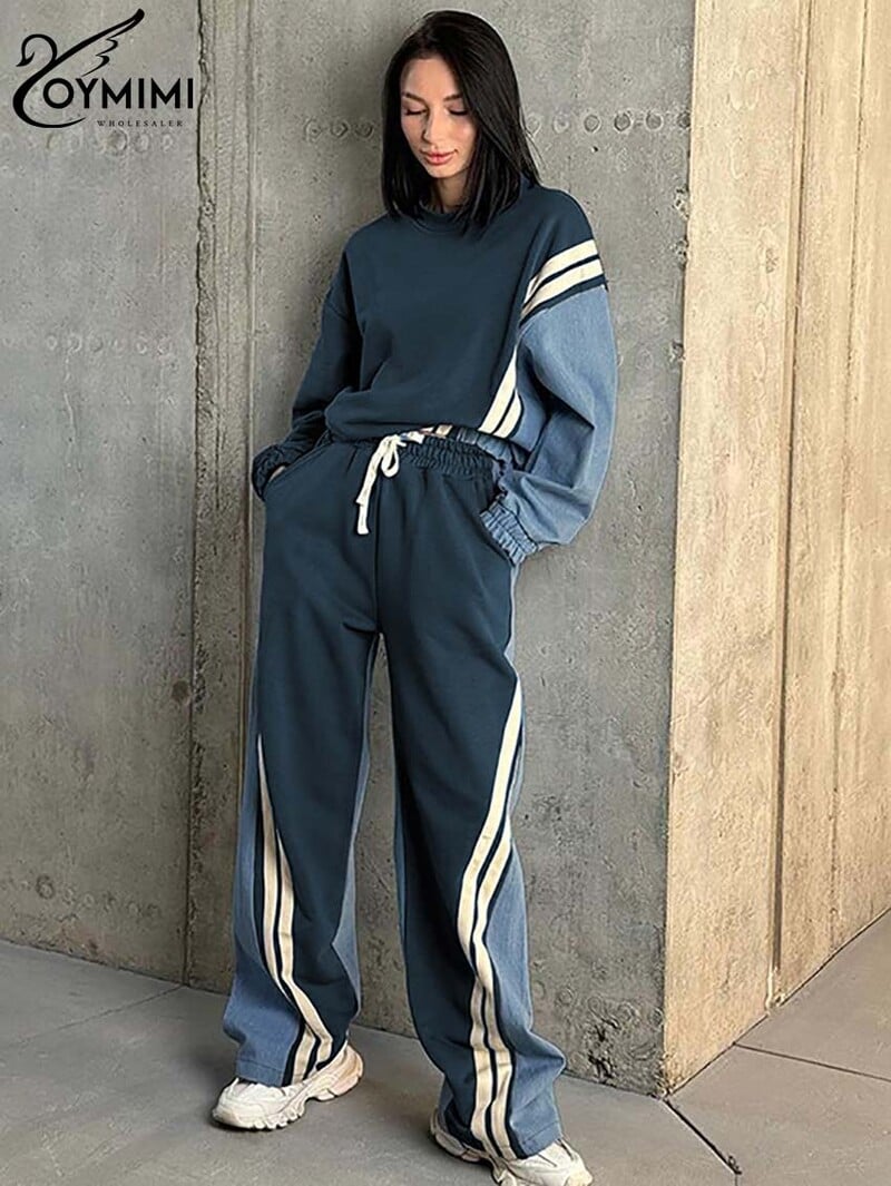 Oymimi ležérne modré patchworkové súpravy pre ženy, 2 kusy, blúzka s dlhým rukávom a šnúrkou, rovné tepláky, streetwear