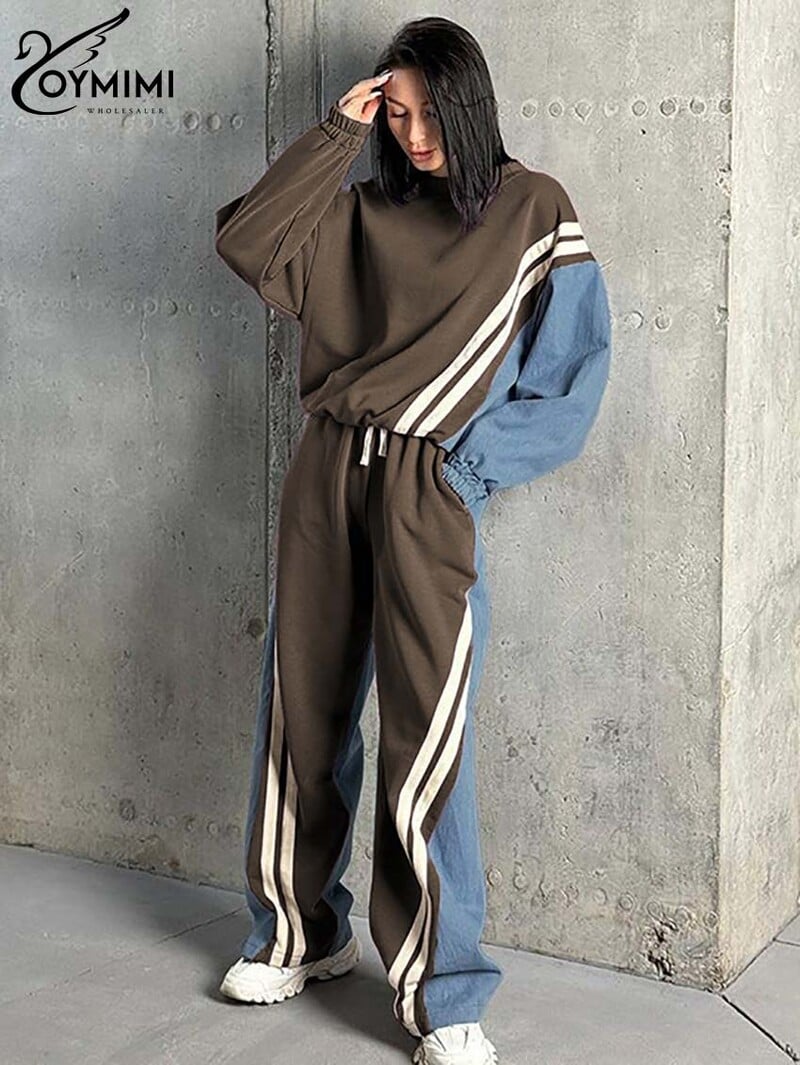 Oymimi ležérne modré patchworkové súpravy pre ženy, 2 kusy, blúzka s dlhým rukávom a šnúrkou, rovné tepláky, streetwear