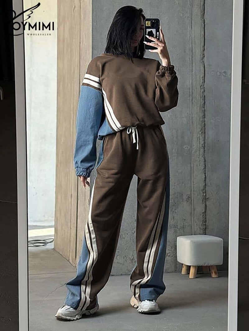 Oymimi ležérne modré patchworkové súpravy pre ženy, 2 kusy, blúzka s dlhým rukávom a šnúrkou, rovné tepláky, streetwear