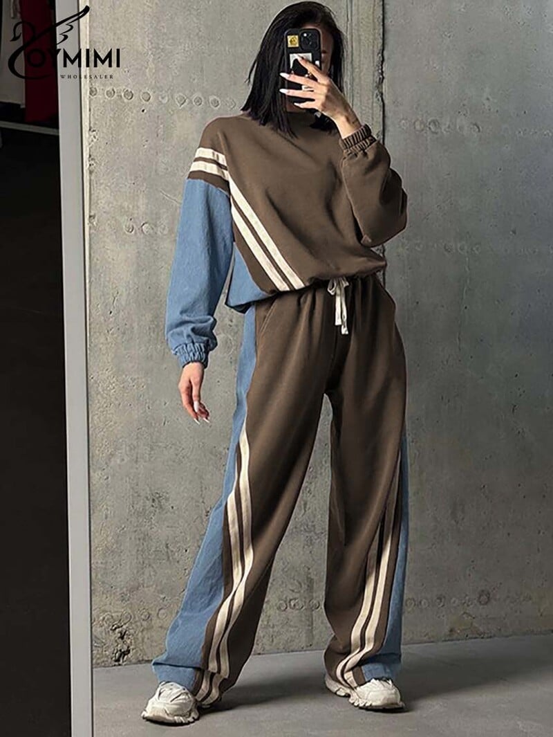 Oymimi ležérne modré patchworkové súpravy pre ženy, 2 kusy, blúzka s dlhým rukávom a šnúrkou, rovné tepláky, streetwear