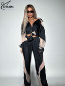 Oymimi Fashion Black Satin Patchwork 2 gabalu komplekts Sieviešu apģērbs Streetwear krekls ar garām piedurknēm ar augstu vidukli bikšu komplekti Y2k apģērbi