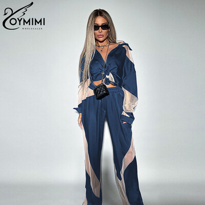 Oymimi Fashion Black Satin Patchwork 2 gabalu komplekts Sieviešu apģērbs Streetwear krekls ar garām piedurknēm ar augstu vidukli bikšu komplekti Y2k apģērbi