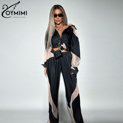 Oymimi Fashion Black Satin Patchwork 2 gabalu komplekts Sieviešu apģērbs Streetwear krekls ar garām piedurknēm ar augstu vidukli bikšu komplekti Y2k apģērbi