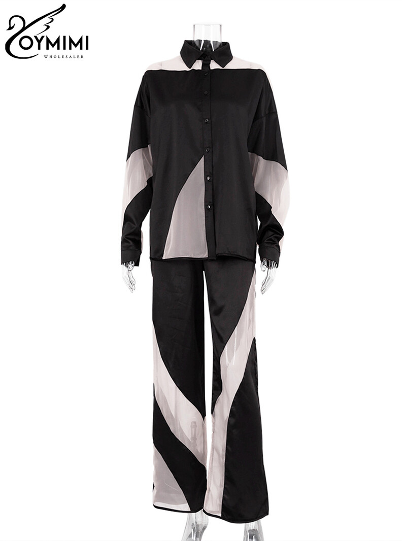 Oymimi Fashion Black Satin Patchwork 2 gabalu komplekts Sieviešu apģērbs Streetwear krekls ar garām piedurknēm ar augstu vidukli bikšu komplekti Y2k apģērbi