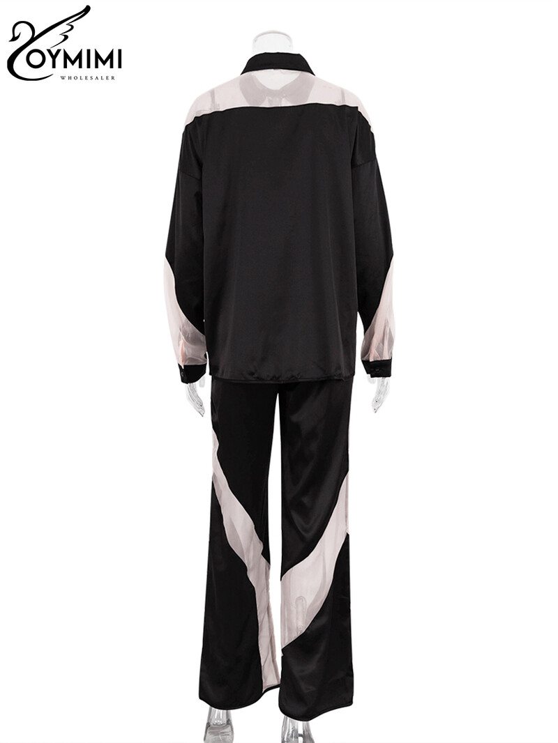 Oymimi Fashion Black Satin Patchwork 2 gabalu komplekts Sieviešu apģērbs Streetwear krekls ar garām piedurknēm ar augstu vidukli bikšu komplekti Y2k apģērbi