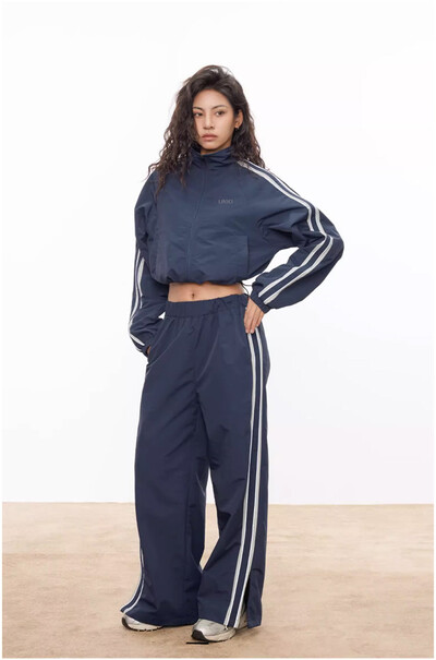 2-dielna súprava Hip Hop Double Striped Sports Suit Dámska krátka outdoorová bunda Tepláky Súprava Tanečná tepláková súprava Crop Top Bunda Set