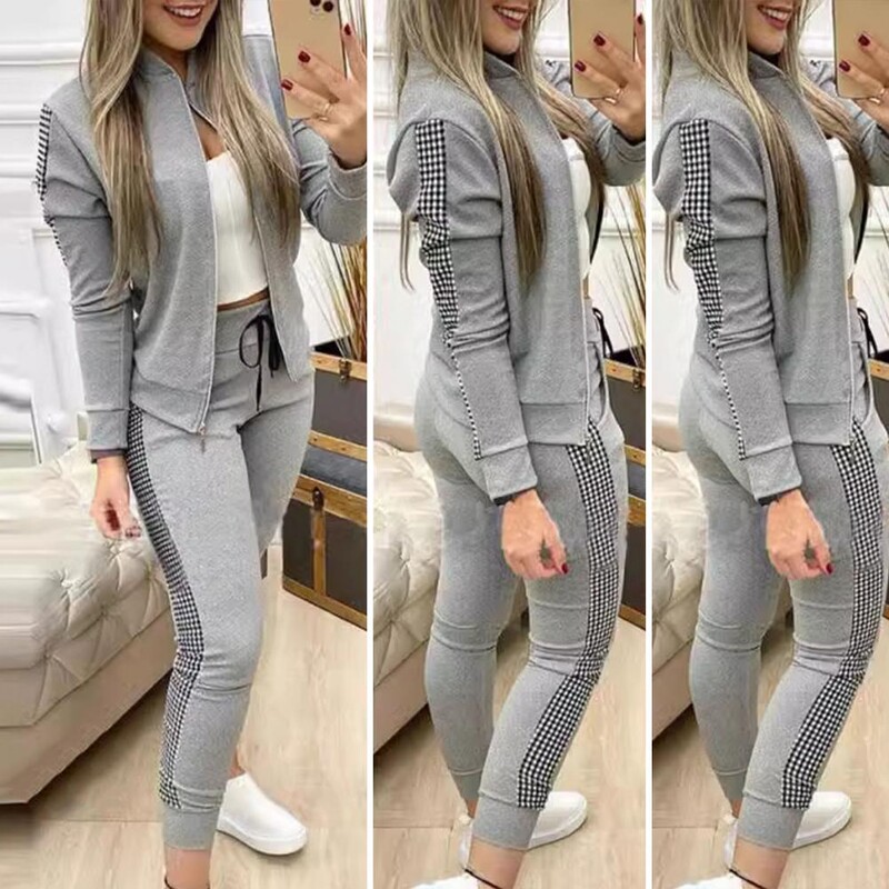 Dámska tepláková súprava, štýlová dámska tepláková súprava s rolákom, bodkovanou potlačou, mikina so sťahovacou šnúrkou, slim fit športová súprava do posilňovne