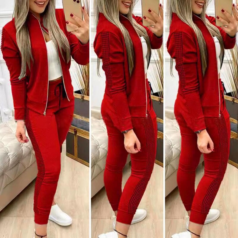 Dámska tepláková súprava, štýlová dámska tepláková súprava s rolákom, bodkovanou potlačou, mikina so sťahovacou šnúrkou, slim fit športová súprava do posilňovne