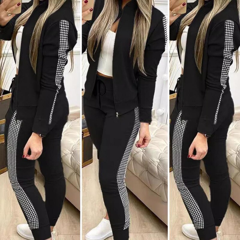 Dámska tepláková súprava, štýlová dámska tepláková súprava s rolákom, bodkovanou potlačou, mikina so sťahovacou šnúrkou, slim fit športová súprava do posilňovne