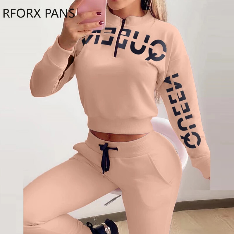 Γυναικείο γράμμα τύπωμα με φερμουάρ Σετ τοπ & κορδόνι παντελόνι Casual Γυναικεία σετ