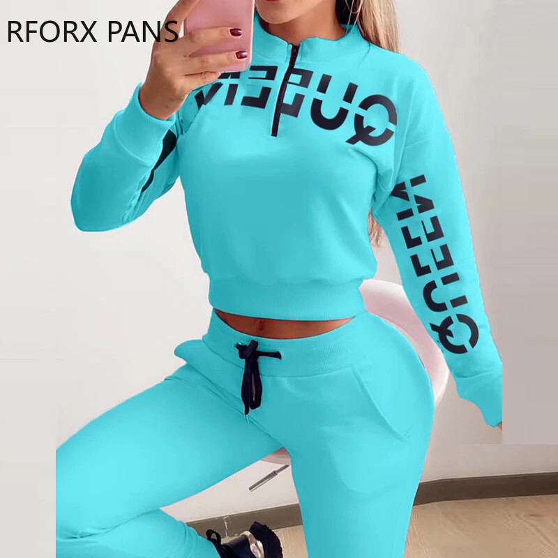 Γυναικείο γράμμα τύπωμα με φερμουάρ Σετ τοπ & κορδόνι παντελόνι Casual Γυναικεία σετ