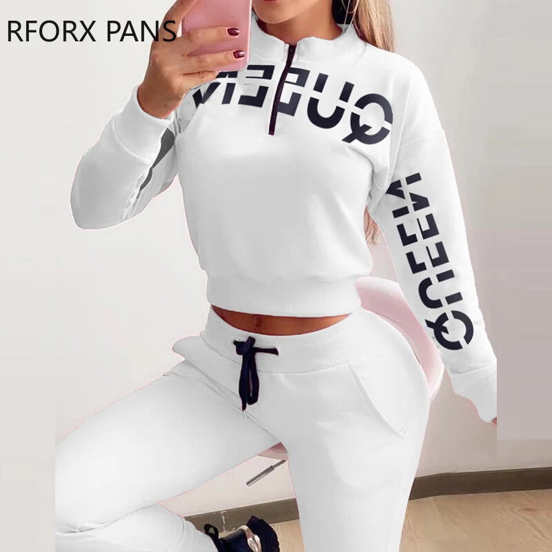 Γυναικείο γράμμα τύπωμα με φερμουάρ Σετ τοπ & κορδόνι παντελόνι Casual Γυναικεία σετ