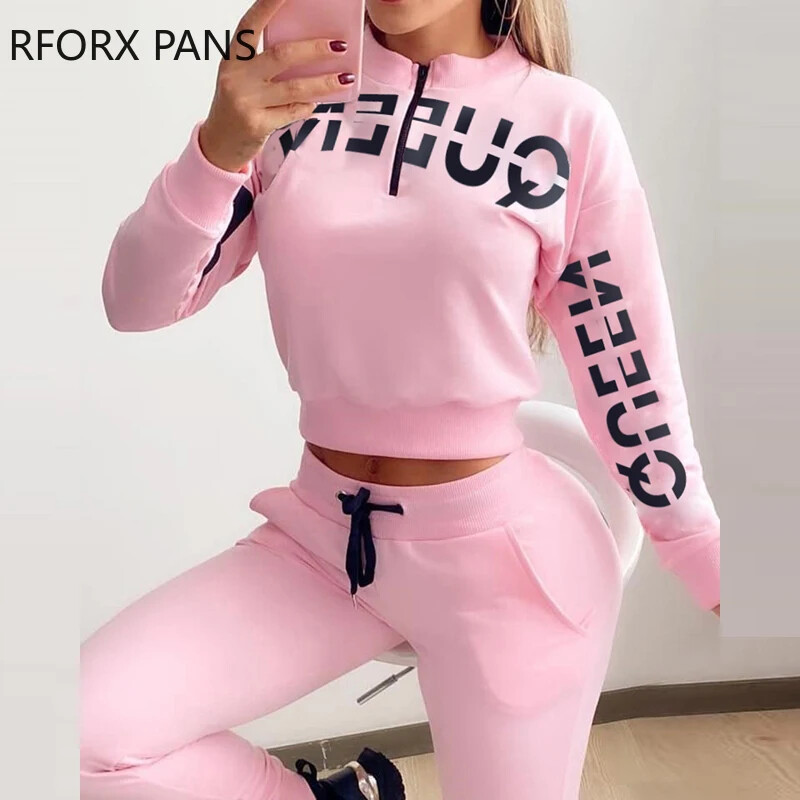 Γυναικείο γράμμα τύπωμα με φερμουάρ Σετ τοπ & κορδόνι παντελόνι Casual Γυναικεία σετ