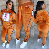 Kapucnis, kétrészes szett, hosszú ujjú női őszi, vastag bársony felsők és nadrág, kétrészes ruhák, öltönyök, női, melegítő, tréningruha