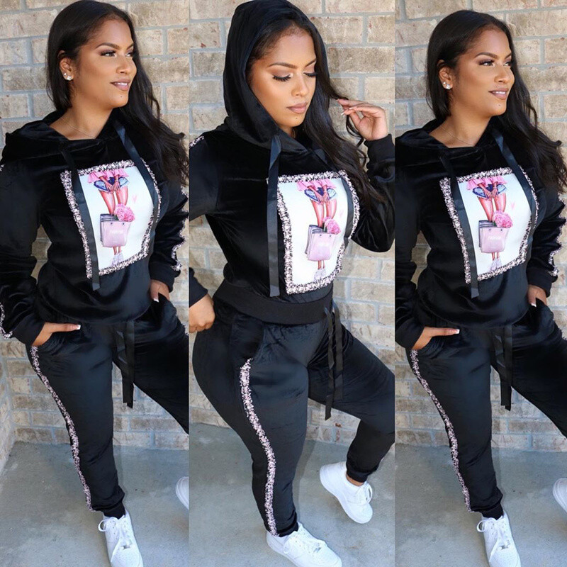 Kapucnis, kétrészes szett, hosszú ujjú női őszi, vastag bársony felsők és nadrág, kétrészes ruhák, öltönyök, női, melegítő, tréningruha