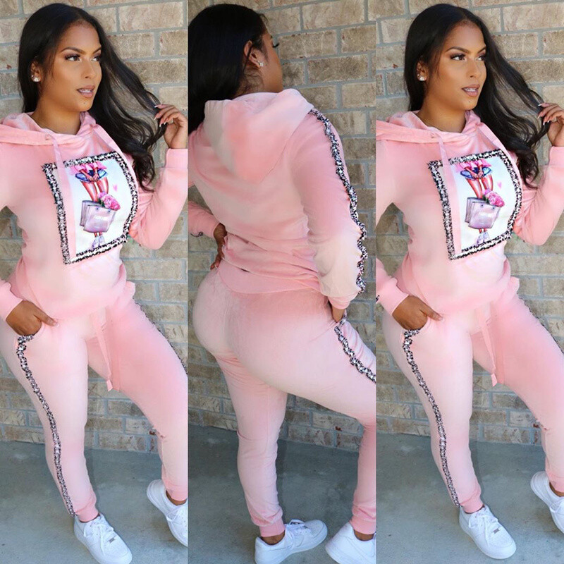 Kapucnis, kétrészes szett, hosszú ujjú női őszi, vastag bársony felsők és nadrág, kétrészes ruhák, öltönyök, női, melegítő, tréningruha