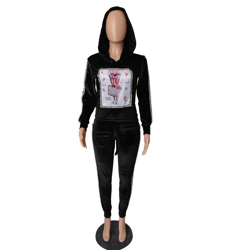 Kapucnis, kétrészes szett, hosszú ujjú női őszi, vastag bársony felsők és nadrág, kétrészes ruhák, öltönyök, női, melegítő, tréningruha