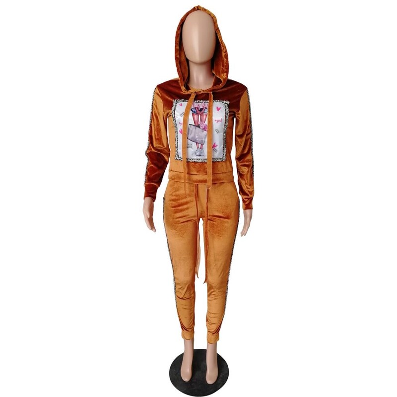 Kapucnis, kétrészes szett, hosszú ujjú női őszi, vastag bársony felsők és nadrág, kétrészes ruhák, öltönyök, női, melegítő, tréningruha