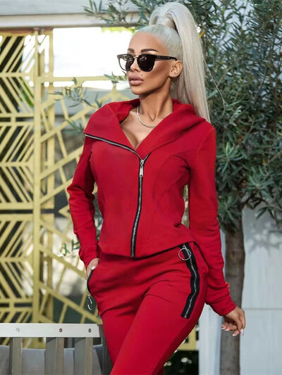 Modes Hoodies Treniņtērps Sieviešu divi 2 Daļīgi Komplekti Tērpi Rudens Apģērbs Masīvs Tops ar rāvējslēdzēju Kapuce un Bikses Uzvalks Ikdienas sieviešu Komplekti