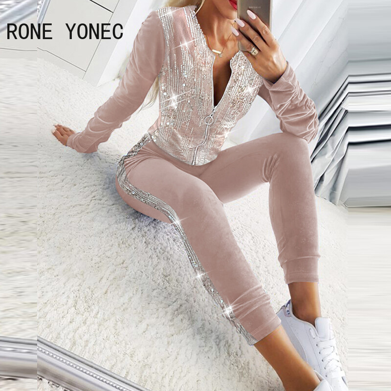 Γυναικείες πούλιες με φερμουάρ Διακόσμηση στο πλάι Ριγέ Sporty Σετ Παντελόνια Μολύβι δύο τεμαχίων