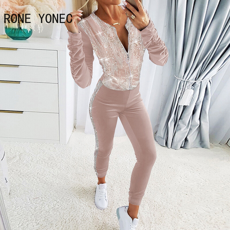 Γυναικείες πούλιες με φερμουάρ Διακόσμηση στο πλάι Ριγέ Sporty Σετ Παντελόνια Μολύβι δύο τεμαχίων