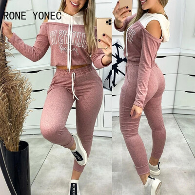 Női alkalmi hosszú ujjú szalagos levél hideg váll sportos patchwork fényes nadrág szettek